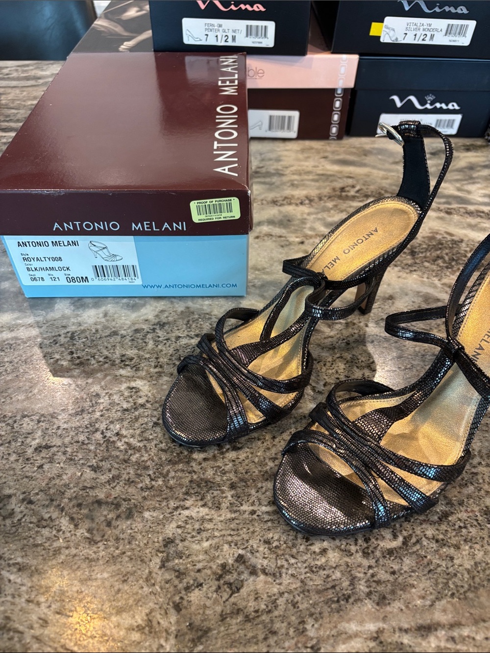 ANTONIO MELANI Black Metallic Strappy High Heels